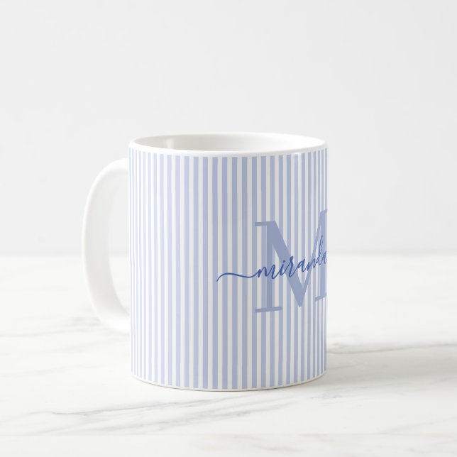 Moderne Monogramm-Name mit blauen Streifen Kaffeetasse (Vorderseite Links)