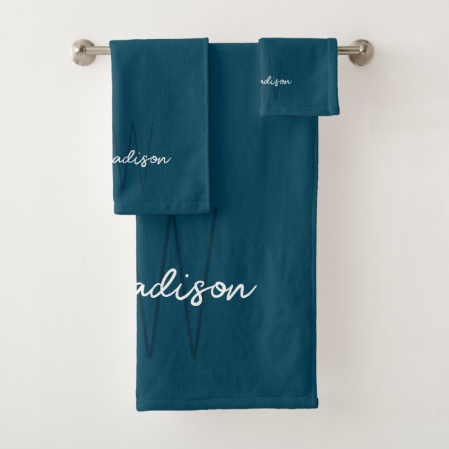 Moderne Monogramm-Name-Schrift Blau Badhandtuch Set (Insitu)