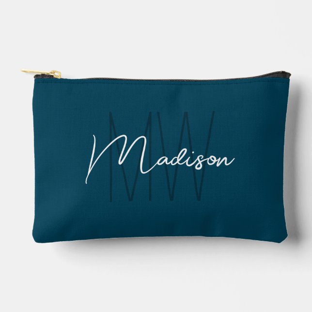 Moderne Monogramm-Name-Schrift Blau Zubehörtasche (Vorderseite)