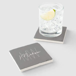 Moderne Monogramm-Name Schrift Grau Steinuntersetzer