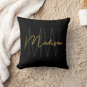 Moderne Monogramm-Name-Schrift Schwarz Gold Kissen