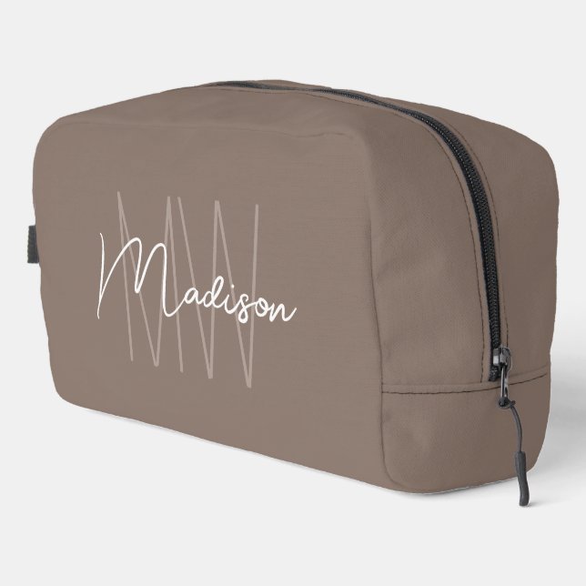 Moderne Monogramm-Name-Script Taupe Waschbeutel (Rechte Ecke)