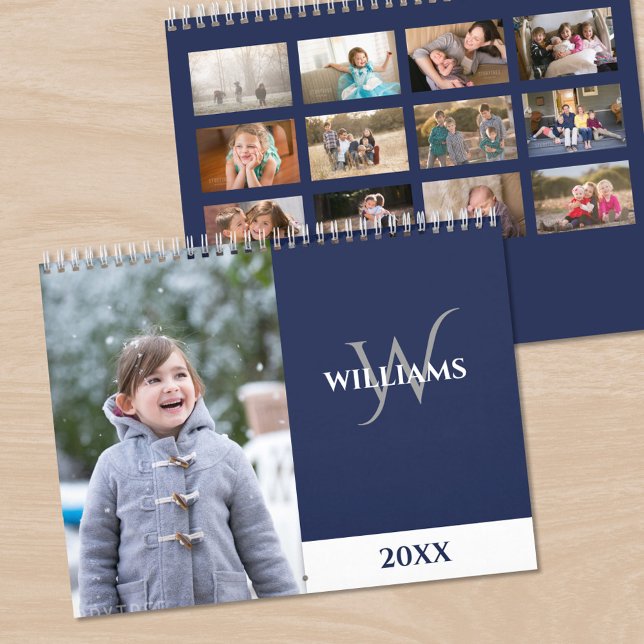 Moderne Monogramm Navy Blau Foto Kalender (Modern Monogram Navy Blue Photo Calendar, front/back)