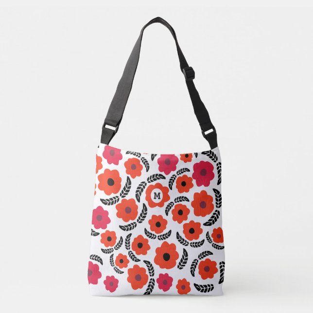 Moderne Monogramm Orange und Rote Blüten Tragetaschen Mit Langen Trägern (Vorderseite)