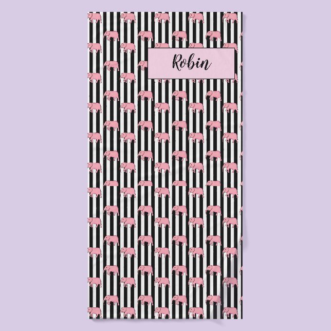 Moderne monogramm rosa Elefantenmuster Streifen Badehandtuch (Badehandtuch)