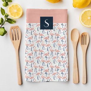 Moderne Monogramm rosa Flamingo-Muster Geschirrtuch