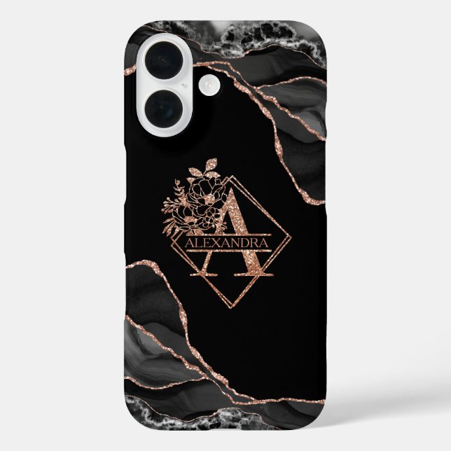 Moderne Monogramm-Rose aus schwarzem Marmor iPhone 16 Hülle (Rückseite)