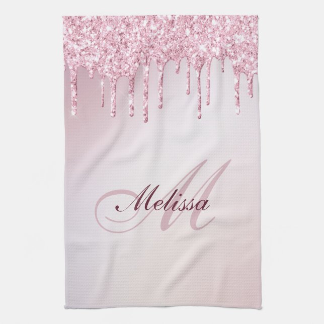 , moderne monogramm Rose Gold lila Glitzer Geschirrtuch (Vertikal)