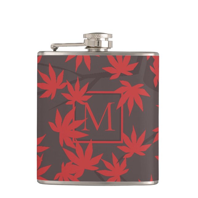 Moderne Monogramm Rot Ahornblatt Grau Flachmann (Vorderseite)