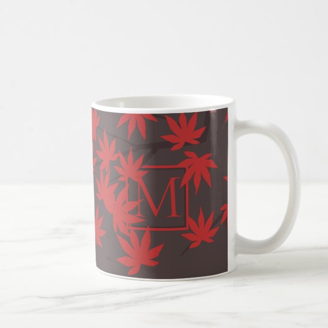 Moderne Monogramm Rot Ahornblatt Grau Kaffeetasse (Rechts)