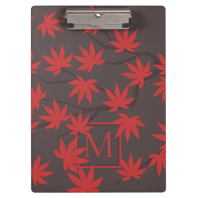 Moderne Monogramm Rot Ahornblatt Grau Klemmbrett (Vorderseite)