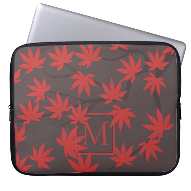 Moderne Monogramm Rot Ahornblatt Grau Laptopschutzhülle (Vorderseite)