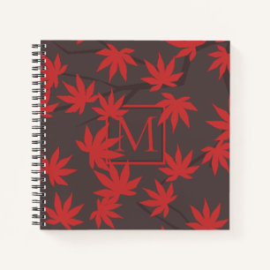Moderne Monogramm Rot Ahornblatt Grau Notizbuch