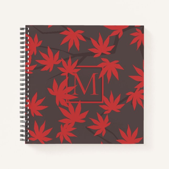 Moderne Monogramm Rot Ahornblatt Grau Notizbuch (Vorderseite)