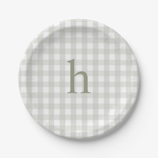 Moderne Monogramm Sagegrün Gingham Pappteller (Vorderseite)