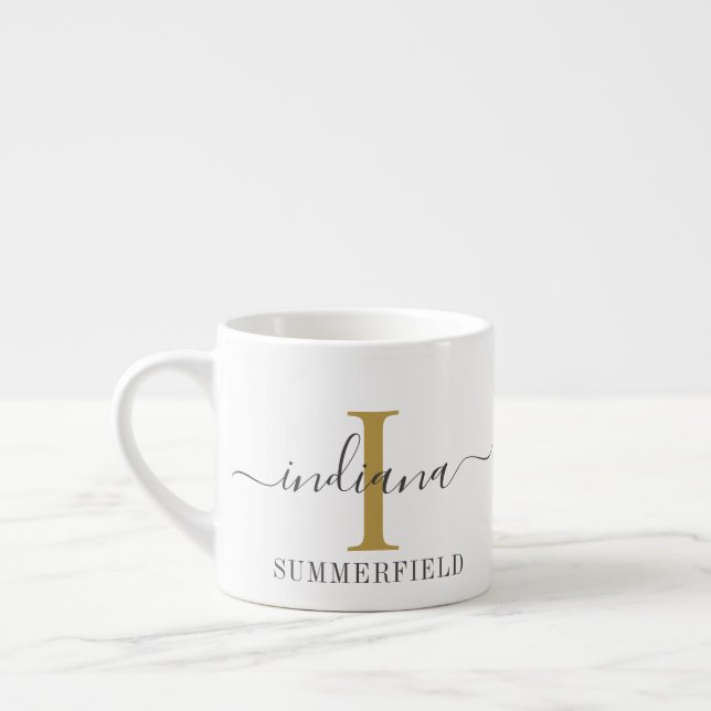 Moderne Monogramm-Schrift Name Gold Initiale Espressotasse (Links)