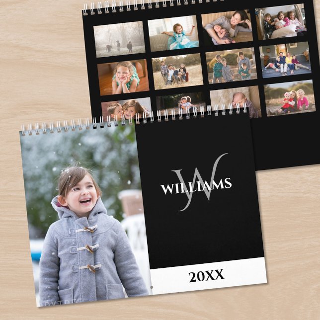 Moderne Monogramm Schwarz Foto Kalender (Modern Monogram Black Photo Calendar, front/back)