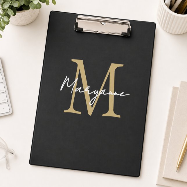 Moderne Monogramm Schwarz Gold Klemmbrett (Von Creator hochgeladen)