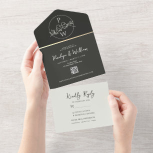 Moderne Monogramm Schwarz Weiß Hochzeit Alles in E All In One Einladung