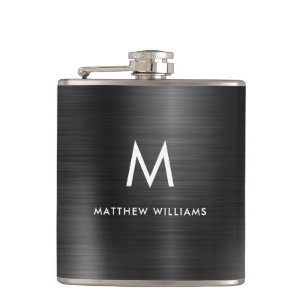 Moderne Monogramm-Schwarze Faux-Bürstenstahl-Metal Flachmann