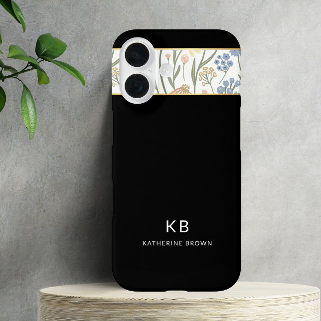 Moderne Monogramm Süßes schwarzes Blumenmuster  iPhone 16 Hülle (Von Creator hochgeladen)