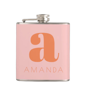 Moderne Monogramm und Name Pink und Orange Hochzei Flachmann