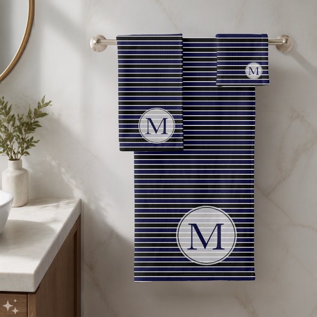 Moderne Monogramme Rayures Bleu Foncé Noir (Créateur téléchargé)
