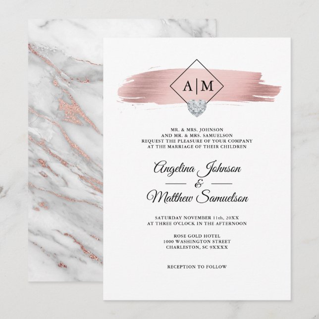 Moderne Monogramme Rose Gold Marmorherz Hochzeit Einladung (Vorne/Hinten)