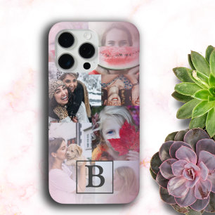 Moderne monogrammierte 6-Foto-Collage Blush-Pink iPhone 15 Pro Max Hülle