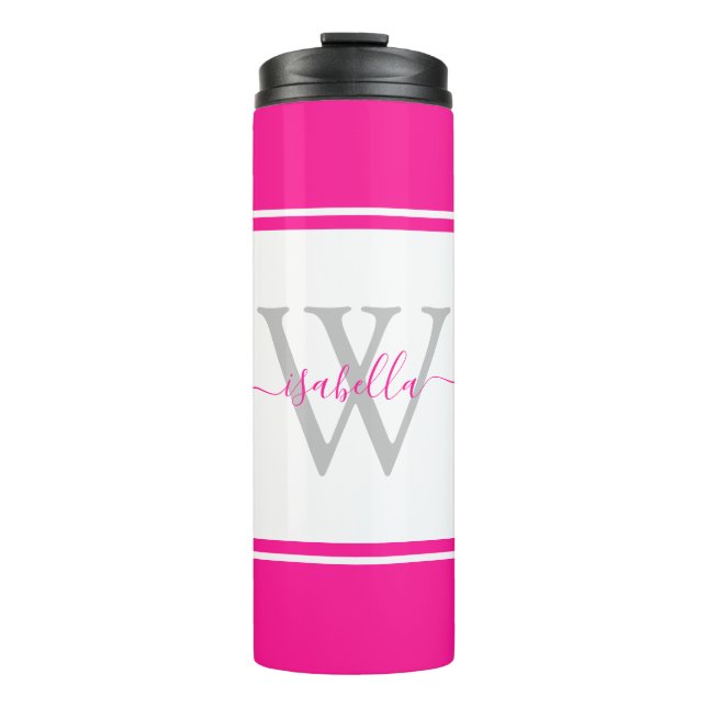 Moderne monogrammierte Schrift in Hot Pink Thermosbecher (Vorderseite)