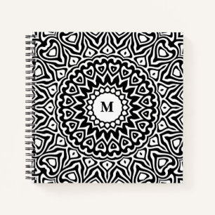 Moderne monogrammierte schwarz-weiße Mandala-Muste Notizbuch