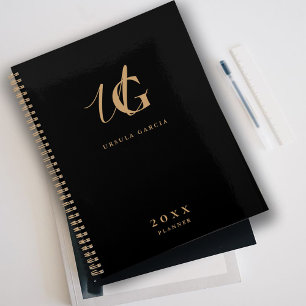 Moderne monogrammierte schwarze und goldene Schrif Planer