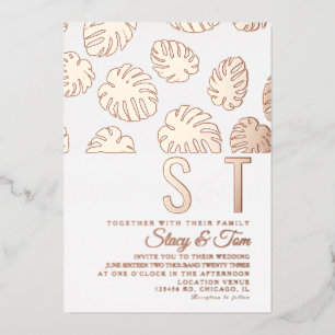 Moderne Monstera-Blatt-Hochzeit gepresst Folieneinladung