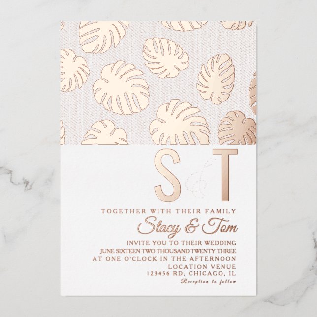 Moderne Monstera Leaf Hochzeit gepresst Folieneinladung (Vorderseite)