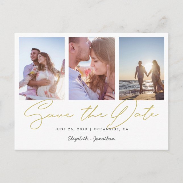 Moderne Multi-Foto Collage Wedding rettet das Datu Einladungspostkarte (Vorderseite)