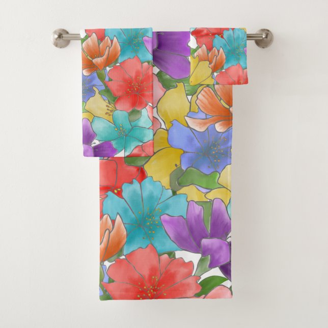 Moderne Multicolor-Aquarellblume Badhandtuch Set (Insitu)