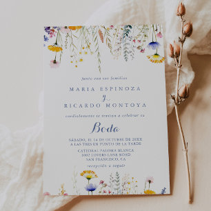 Moderne Multicolor-Wildblume Spanische Hochzeit Einladung