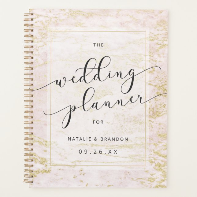 Moderne Murmeln in Blush mit Gold-Hochzeitsplänen Planer (Vorderseite)