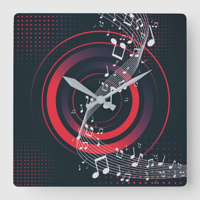 Moderne Musikmauer - Rote Beats & Blendnoten Quadratische Wanduhr (Vorderseite)