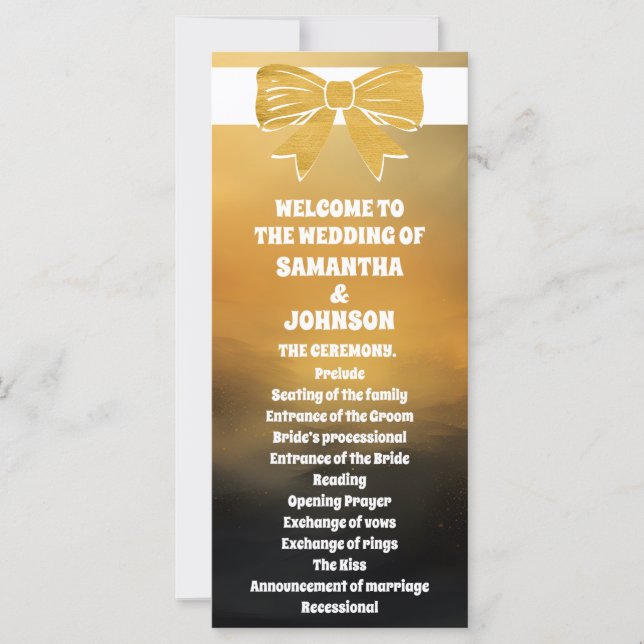 Moderne, mutige Black Gold Bow Wedding Program Car (Vorderseite)