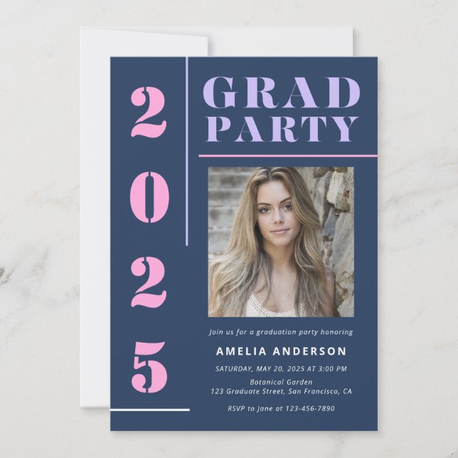 Moderne, mutige Typografie Blue Foto Graduation Pa Einladung (Vorderseite)