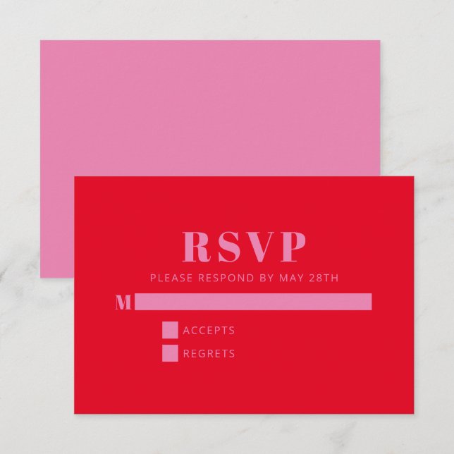 Moderne, mutige Typografie, hellrosa und rote Hoch RSVP Karte (Vorne/Hinten)