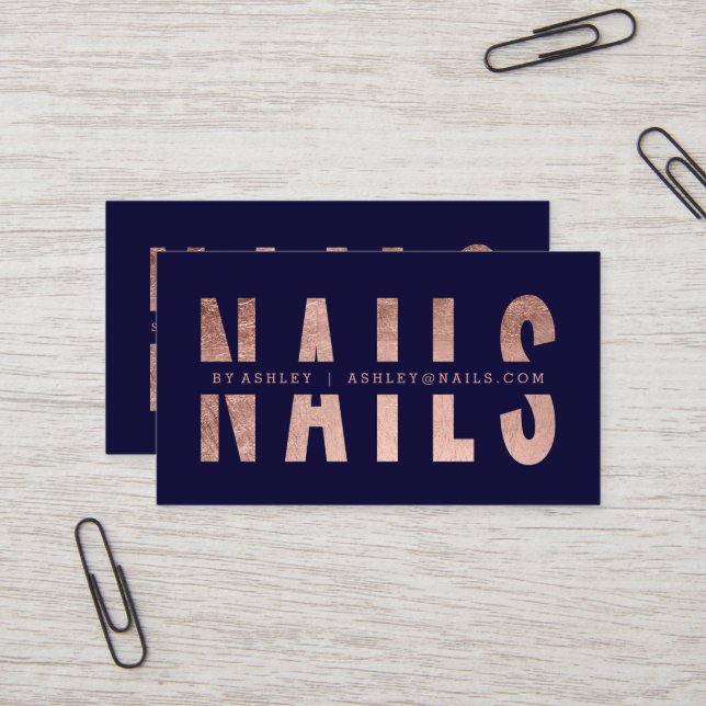 Moderne Nägel schnitten Rosengoldtypographiemarine Visitenkarte (Vorderseite/Rückseite Beispiel)