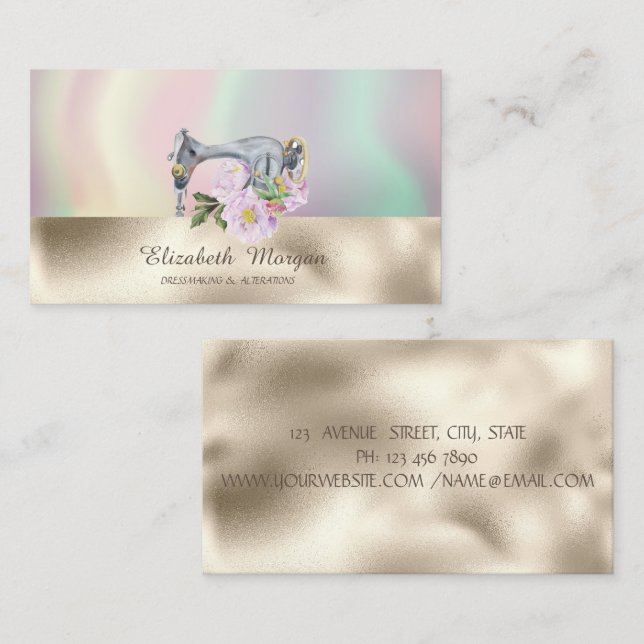 Moderne Nähmaschine Holographic Gold Visitenkarte (Vorne/Hinten)