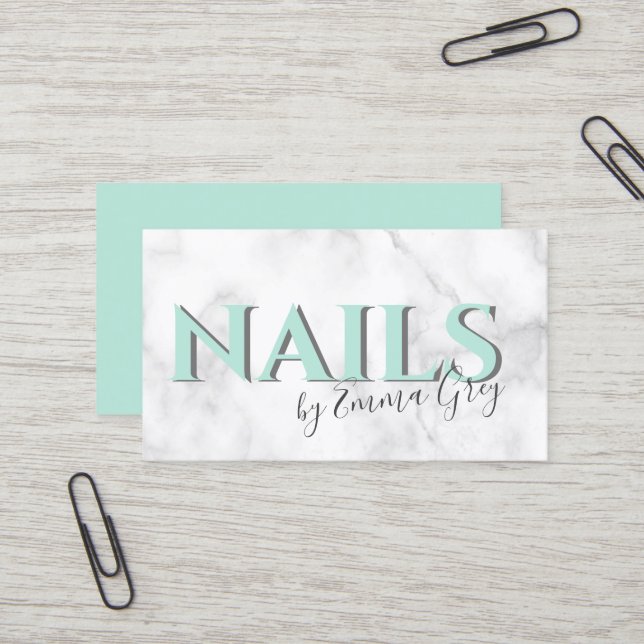 Moderne Nails aus weißem Marmor und Minzgrün aus T Visitenkarte (Vorderseite/Rückseite Beispiel)