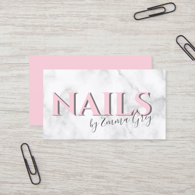 Moderne Nails aus weißem Marmor und rosa Typografi Visitenkarte (Vorderseite/Rückseite Beispiel)
