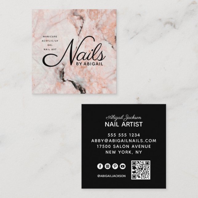 Moderne Nails aus weißem Rosenmarmor nach QR-Code Quadratische Visitenkarte (Vorne/Hinten)