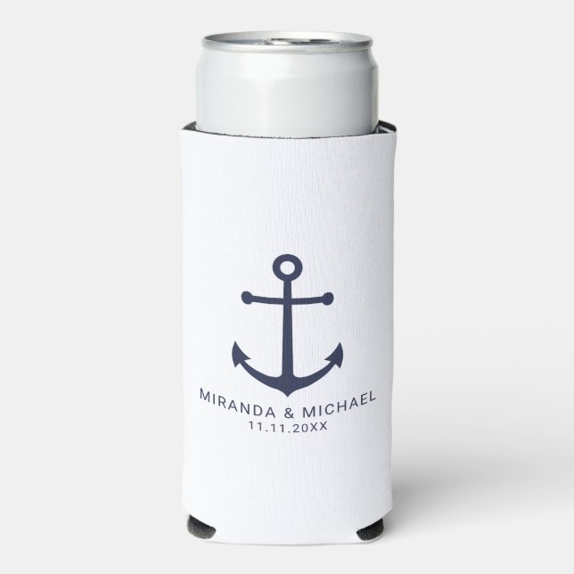 Moderne Nautic Navy Blue Anchor Gastgeschenk Hochz Selters Dosenkühler (Seltzer Vorderseite)