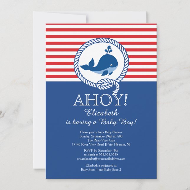 Moderne Nautical Ahoy Whale Boys Baby Dusche Einladung (Vorderseite)