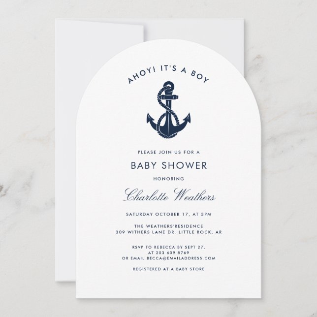 Moderne Nautical Anchor Boy Baby Dusche Einladung (Vorderseite)